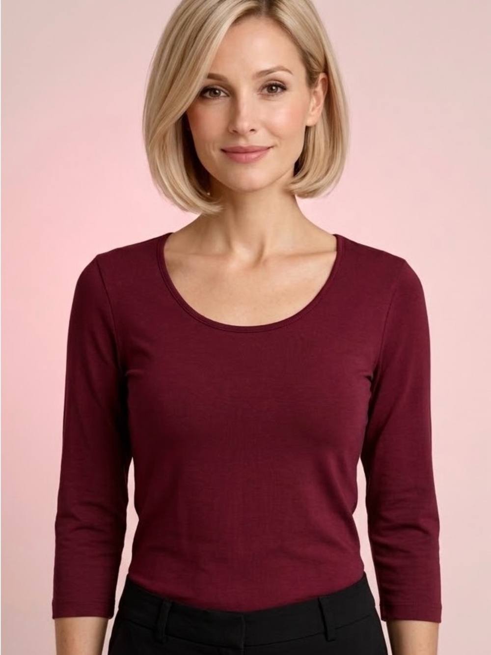 Hugo Boss Burgundy Scoop Neck Three-Quarter Sleeve Top-S